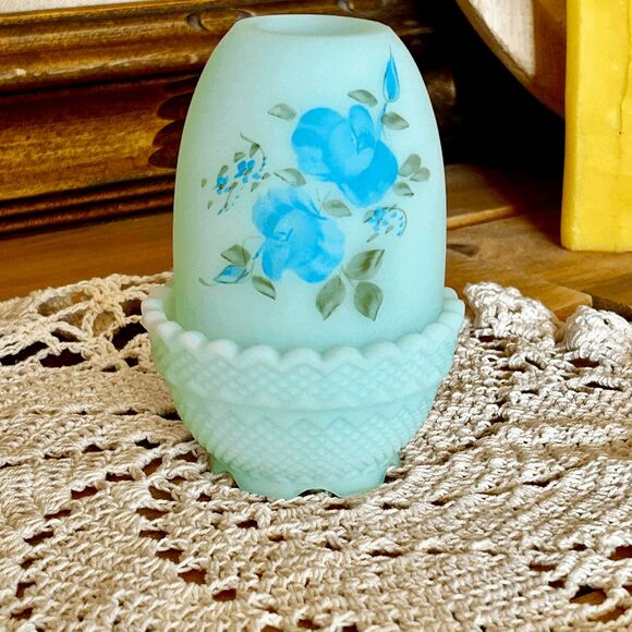 Fenton Other - Vintage Fenton Fairy Lamp Hand Painted Blue Rose Satin Artist Signed
